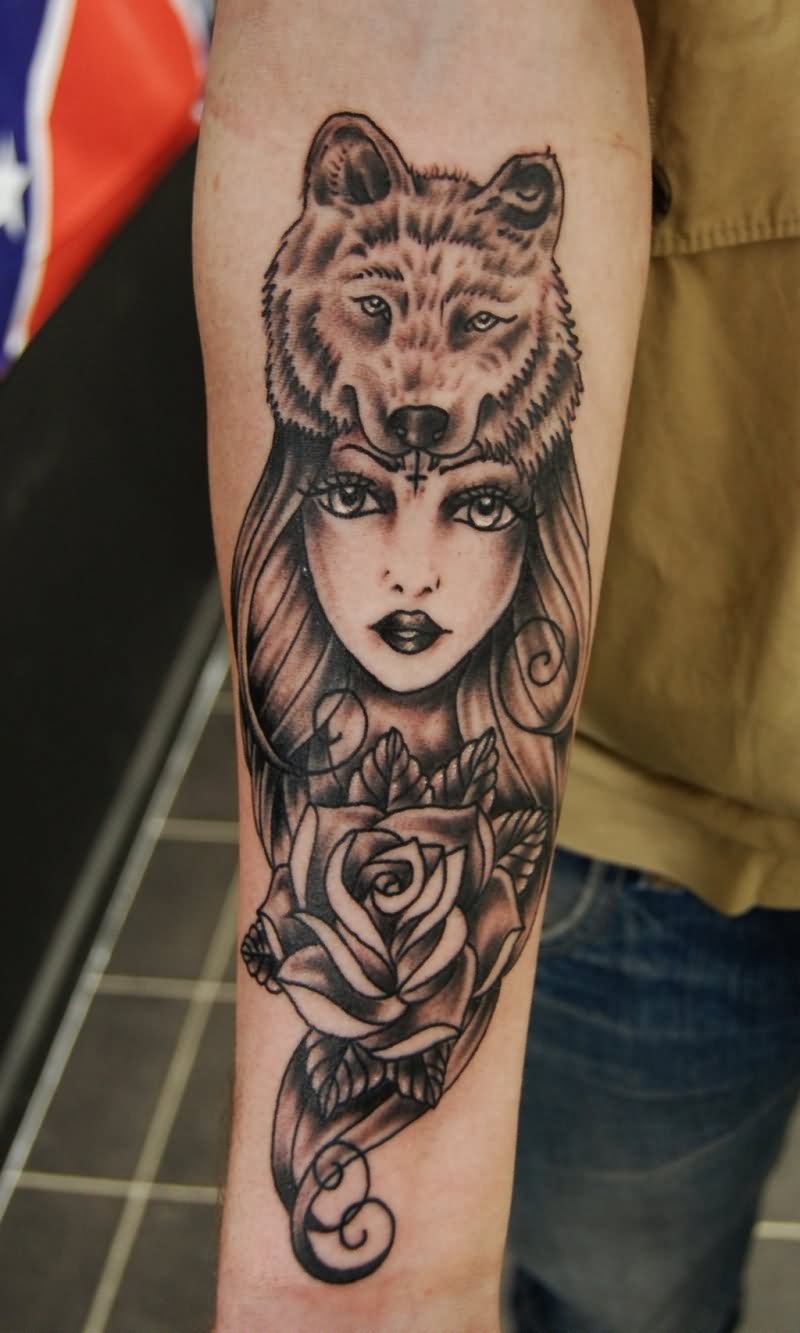 Grey Ink Rose Flower And Wolf Girl Tattoo On Right Forearm