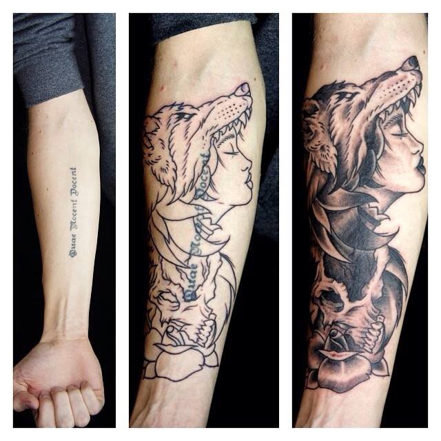 Grey Ink Wolf Girl Tattoo Design For Forearm