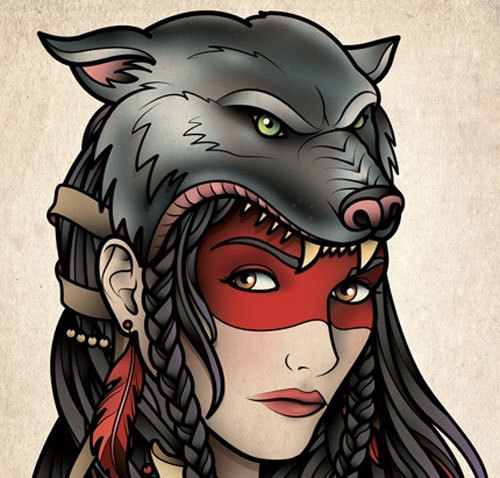 Gypsy Girl Wolf Head Tattoo Design