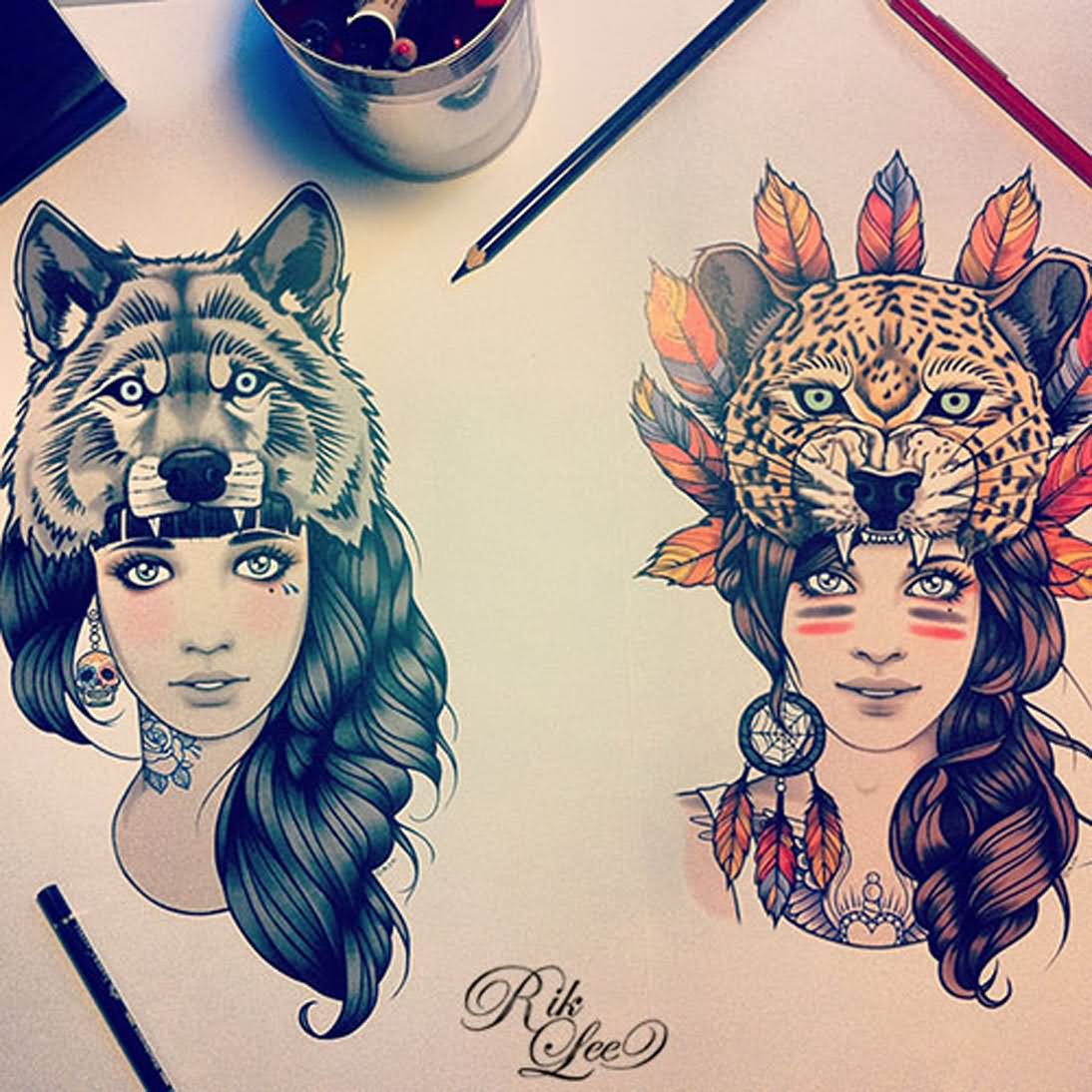 Indian Wolf Girl Tattoos Designs