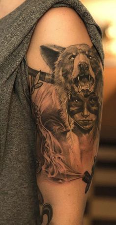 Left Bicep Realistic Wolf Girl Tattoo