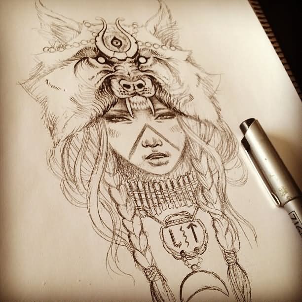 Nice Wolf Girl Tattoo Design Sample