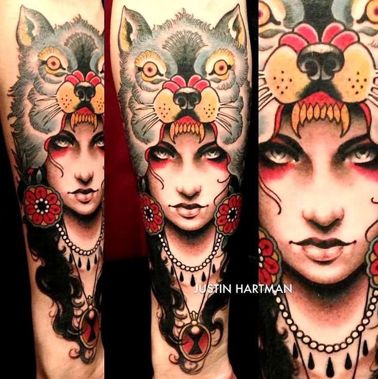 Old School Wolf Girl Tattoo On Sleeve