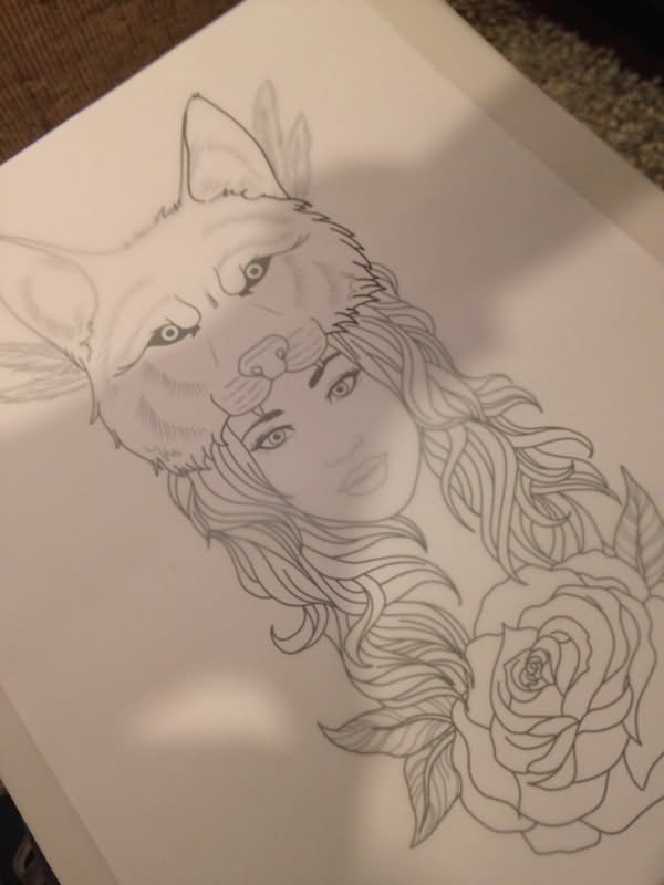 Outline Rose Flower And Wolf Girl Tattoo Design