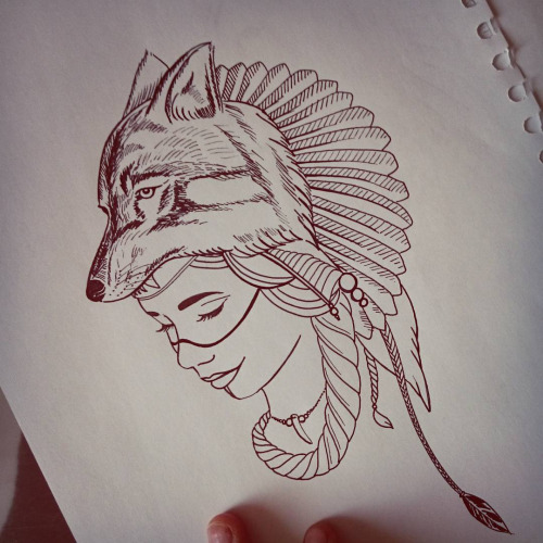 Outline Wolf Girl Tattoo Design Idea