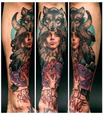 Purple Rose Flower And Wolf Girl Tattoo On Leg