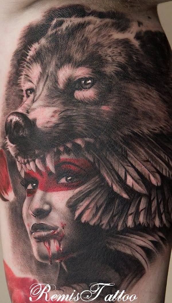 Realistic Wolf Girl Tattoo On Bicep