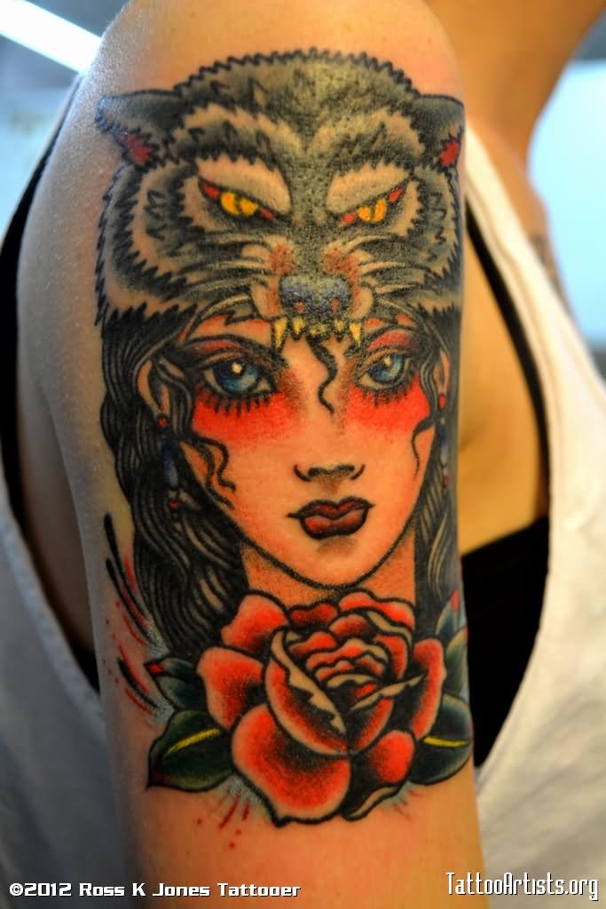 Red Rose And Wolf Girl Tattoo On Right Shoulder