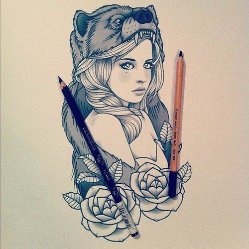 Rose Flowers Wolf Girl Tattoo Design