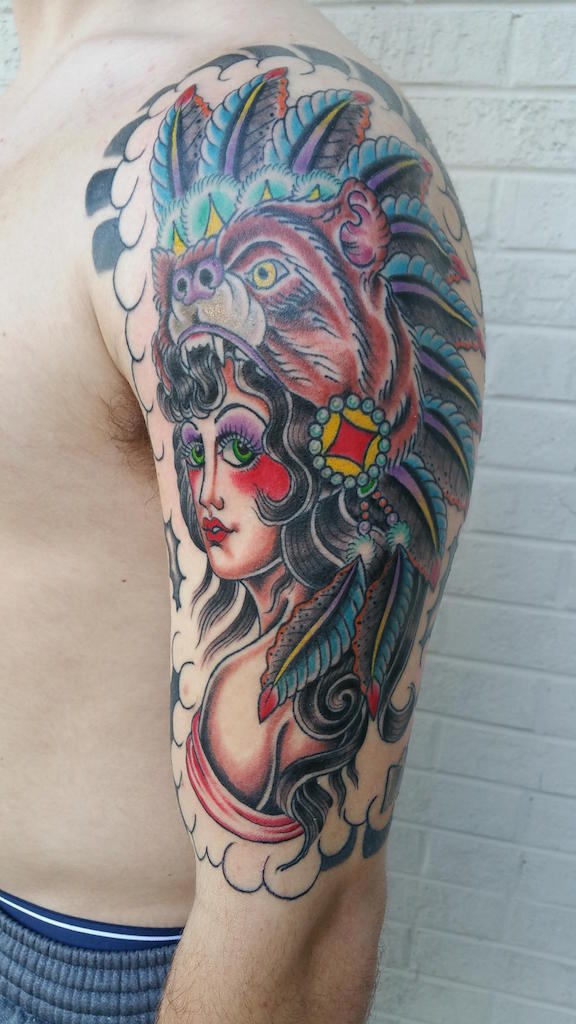 Traditional Native Wolf Girl Tattoo On Left Half Sleeve