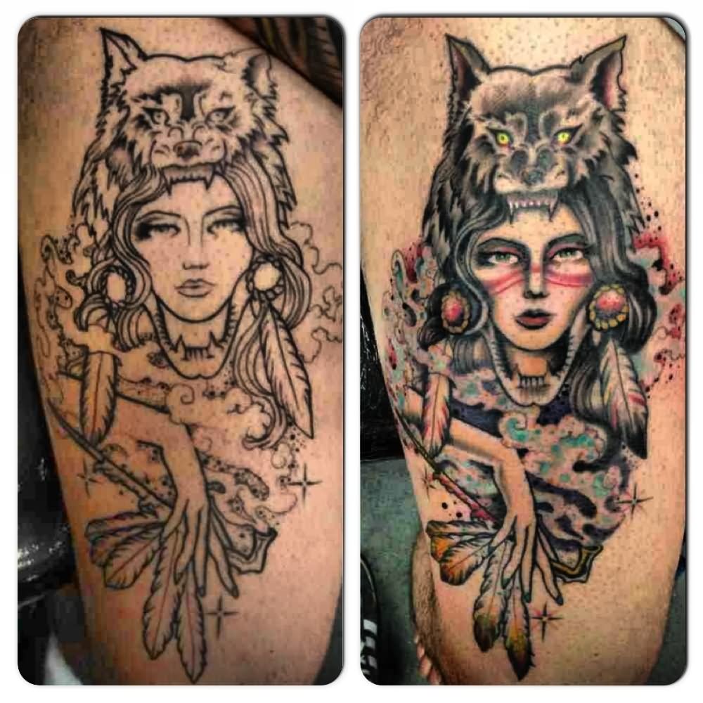 Traditional Wolf Girl Tattoo