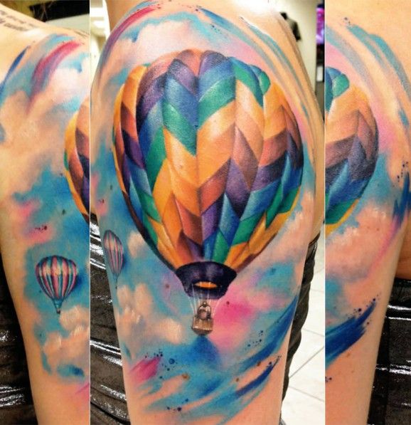 Watercolor Hot Air Balloon Tattoo On Shoulder by Mike Schultz