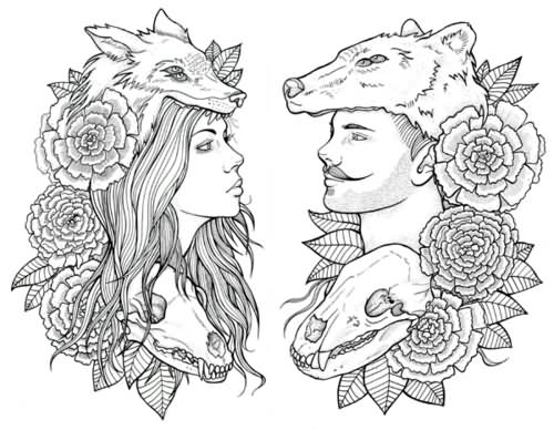 Wolf Girl And Wolf Man Tattoo Design