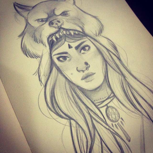 Wolf Girl Head Tattoo Design