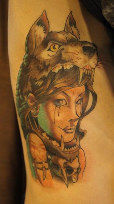 Wolf Girl Tattoo On Rib Side