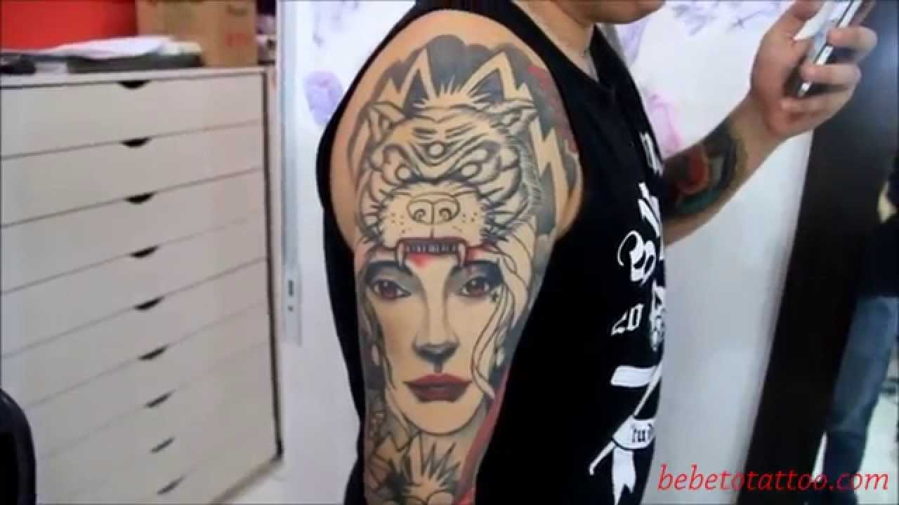 Wolf Girl Tattoo On Right Half Sleeve For Men