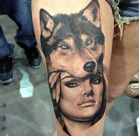 Wolf Girl Tattoo On Right Thigh