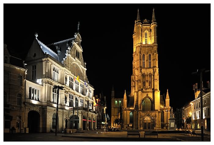 Adorable Night View Image of The Saint Bavo Cathedral In Ghent, Belgium