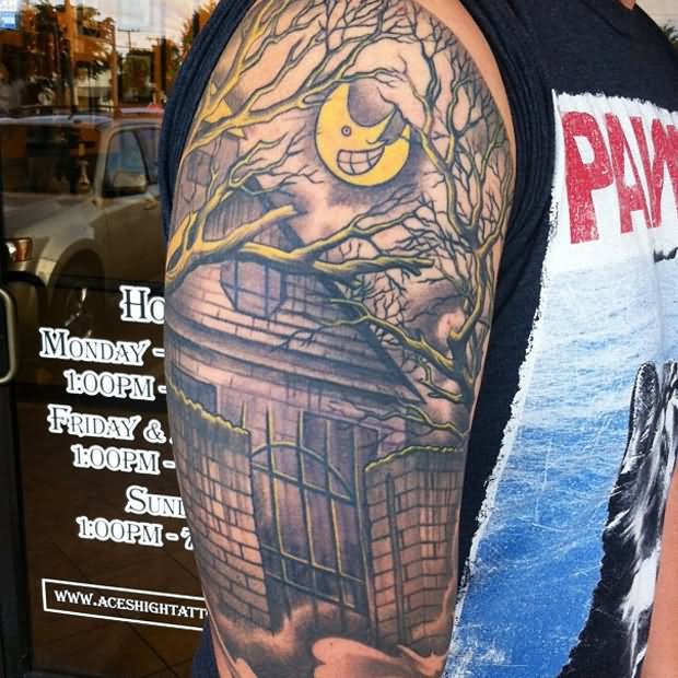 Awesome Haunted House Tattoo On Right Half Sleeve