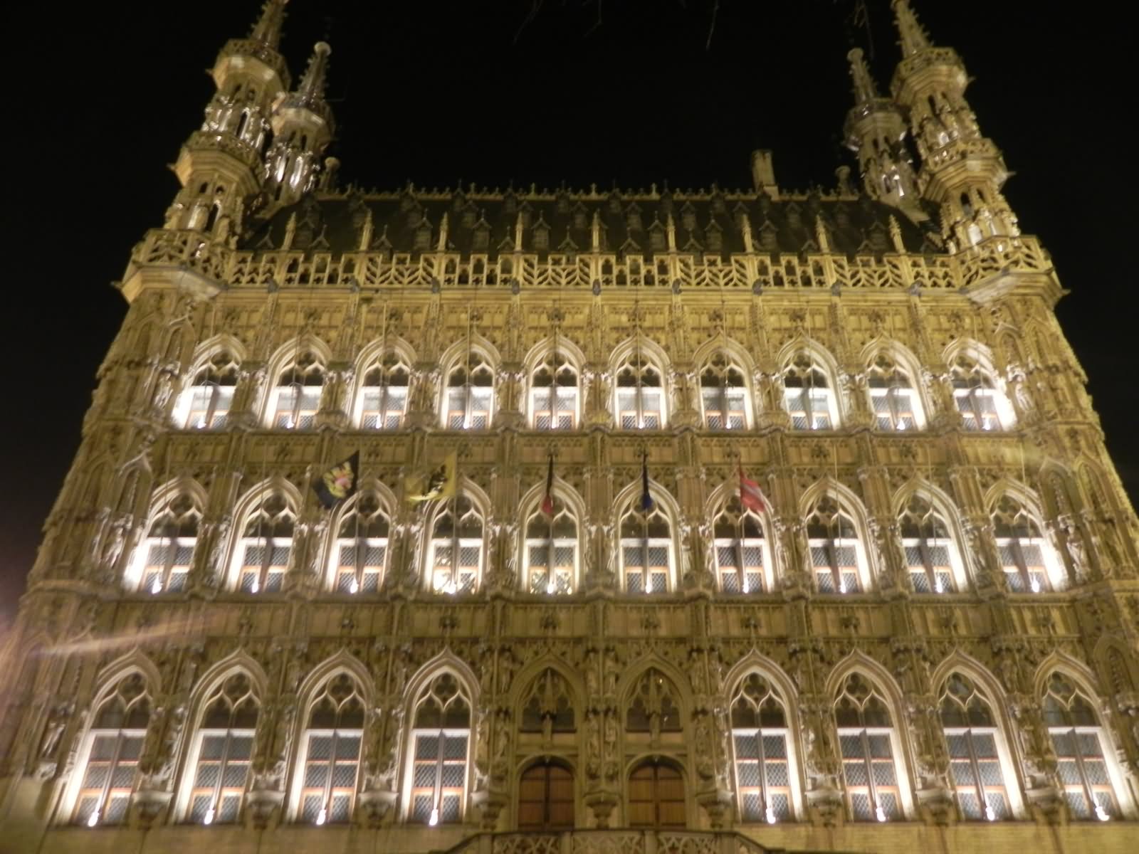 Beautiful Front View of The Leuven Town Hall  At Night