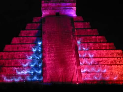 Beautiful Night Lights On The El Castillo In Mexico