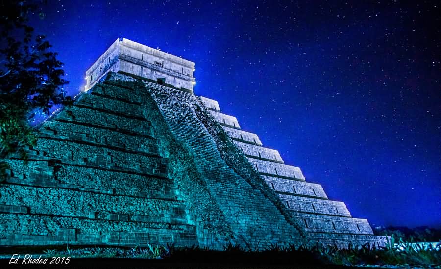 Beautiful Night View Of The El Castillo Pyramid At Night