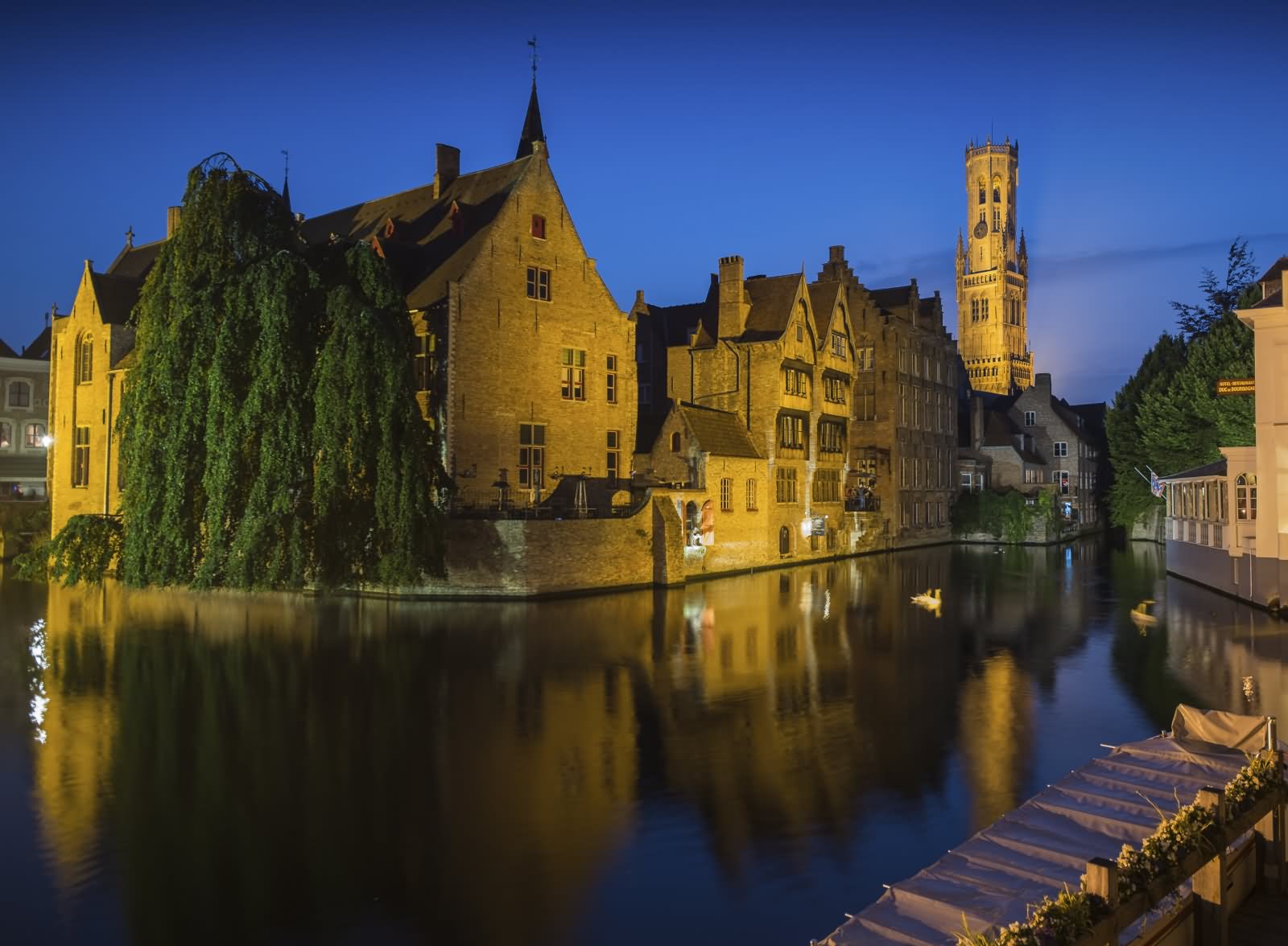 Belfry Of Bruges At Night View From The Dijver Canal