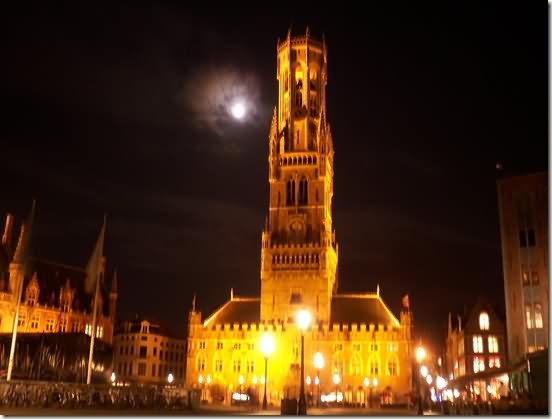 Belfry Of Bruges At Night With Full Moon View