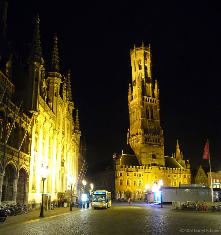 Belfry Tower At Night In Bruges, Belgium