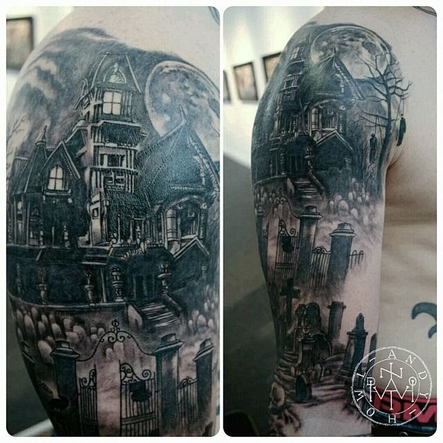 Black And Grey Haunted House Tattoo On Right Half Sleeve