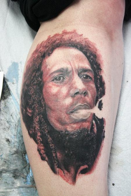 Bob Marley Portrait Tattoo On Back Leg