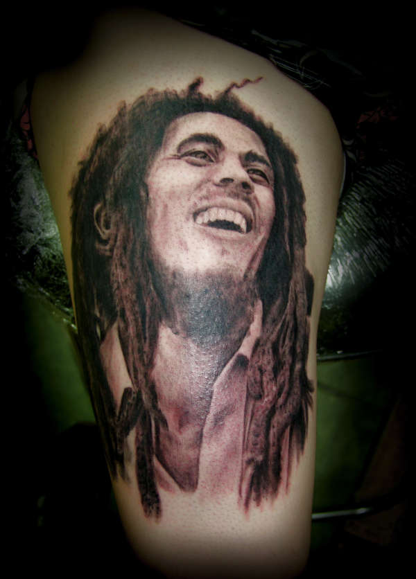 Bob Marley Portrait Tattoo On Thigh