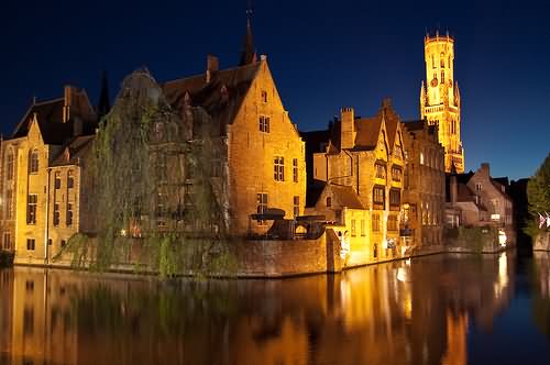 Bruges At Night With Belfry In The Background