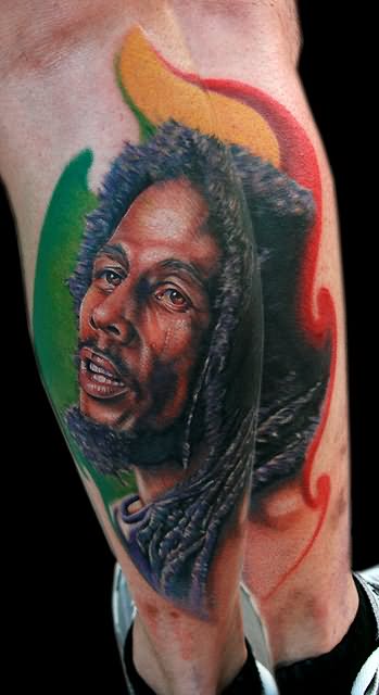 Colored Bob Marley Tattoo On Leg by Tat2istcecil