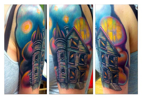 Colored Haunted House Tattoo On Left Half Sleeve