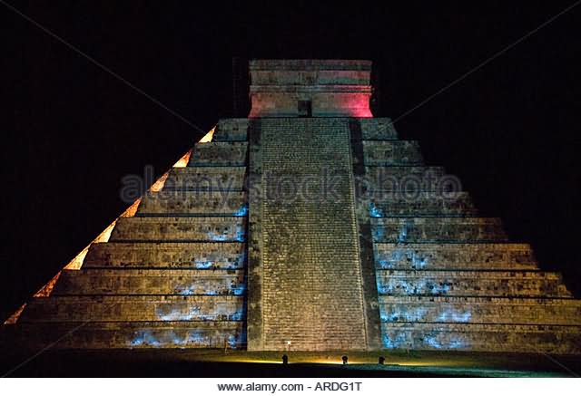 El Castillo Pyramid Of Kukulcan Lit Up At Night