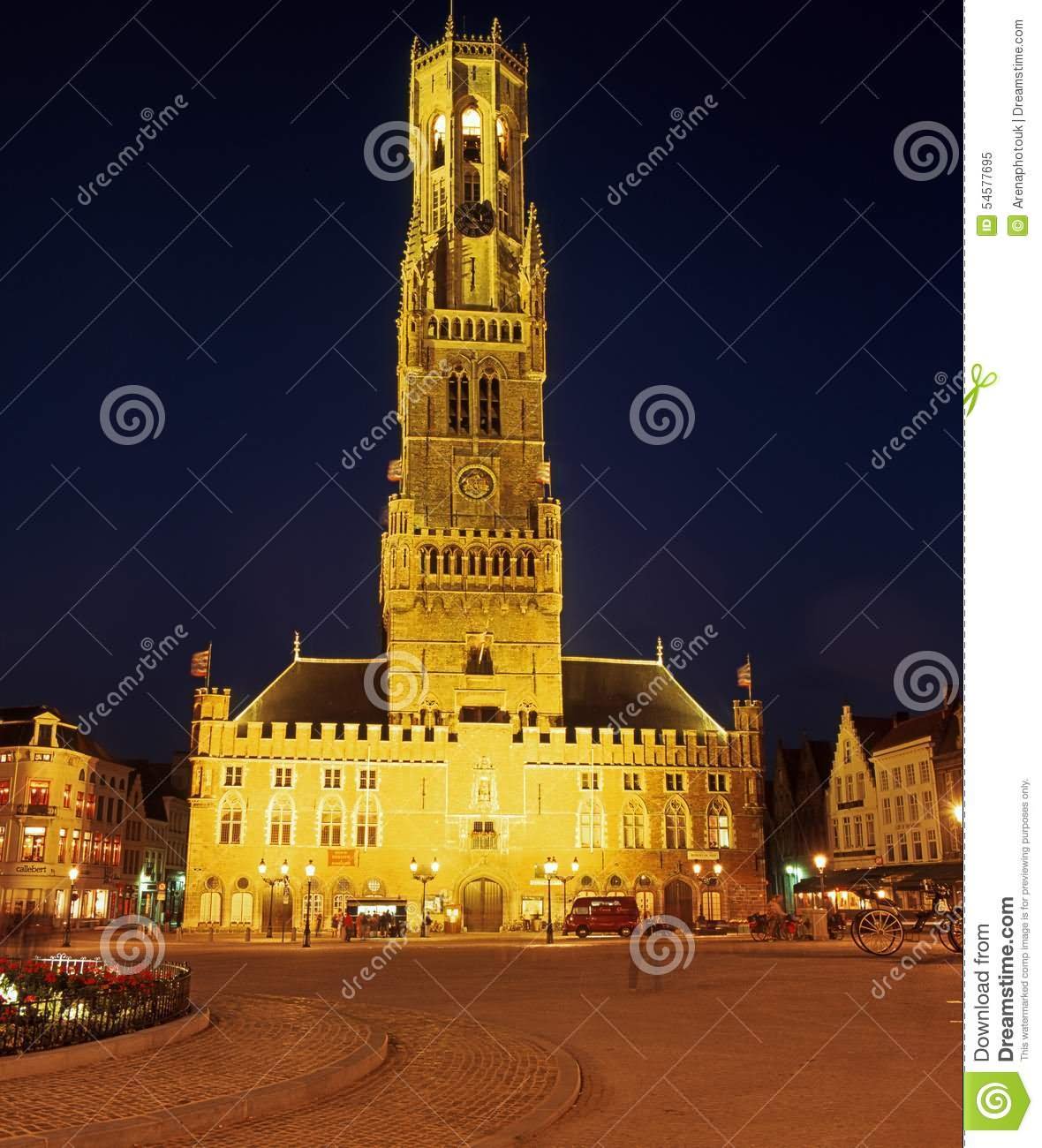 Front View Of The Belfry Of Bruges At Night