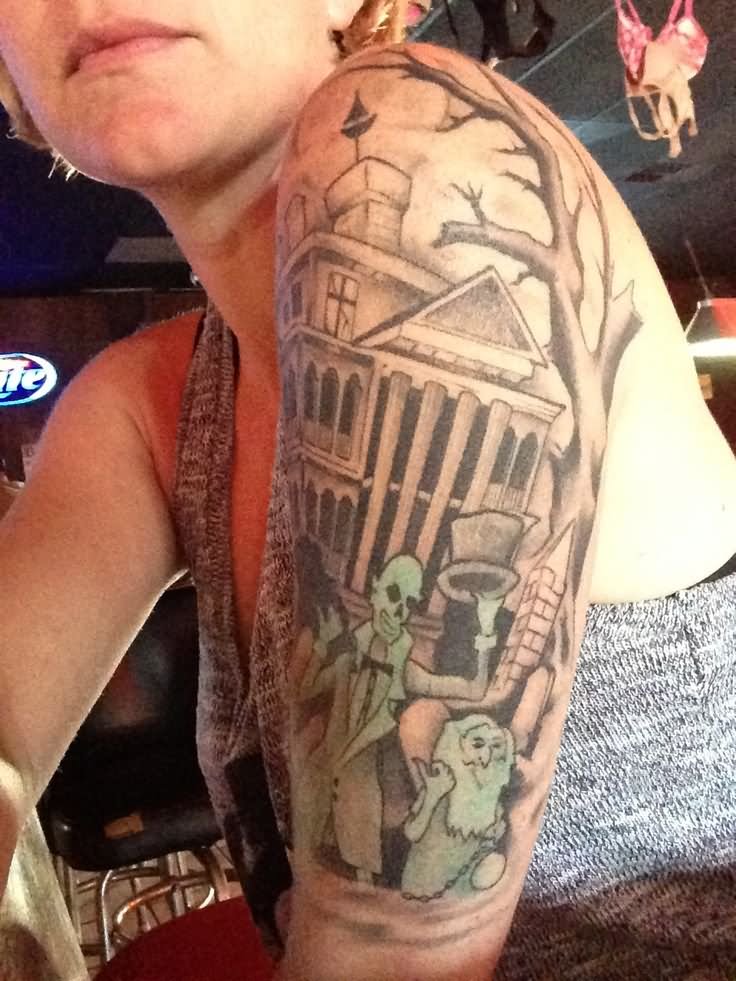 Girl With Left Half Sleeve Haunted House Tattoo