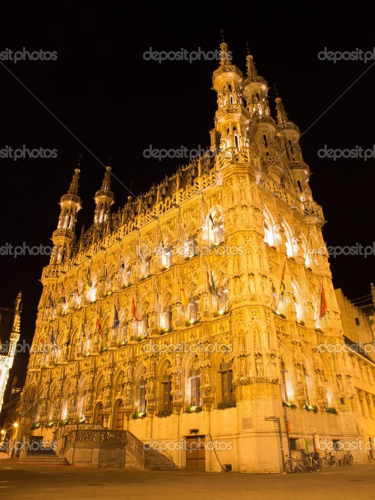 Gothic Town Hall Of Leuven At Night