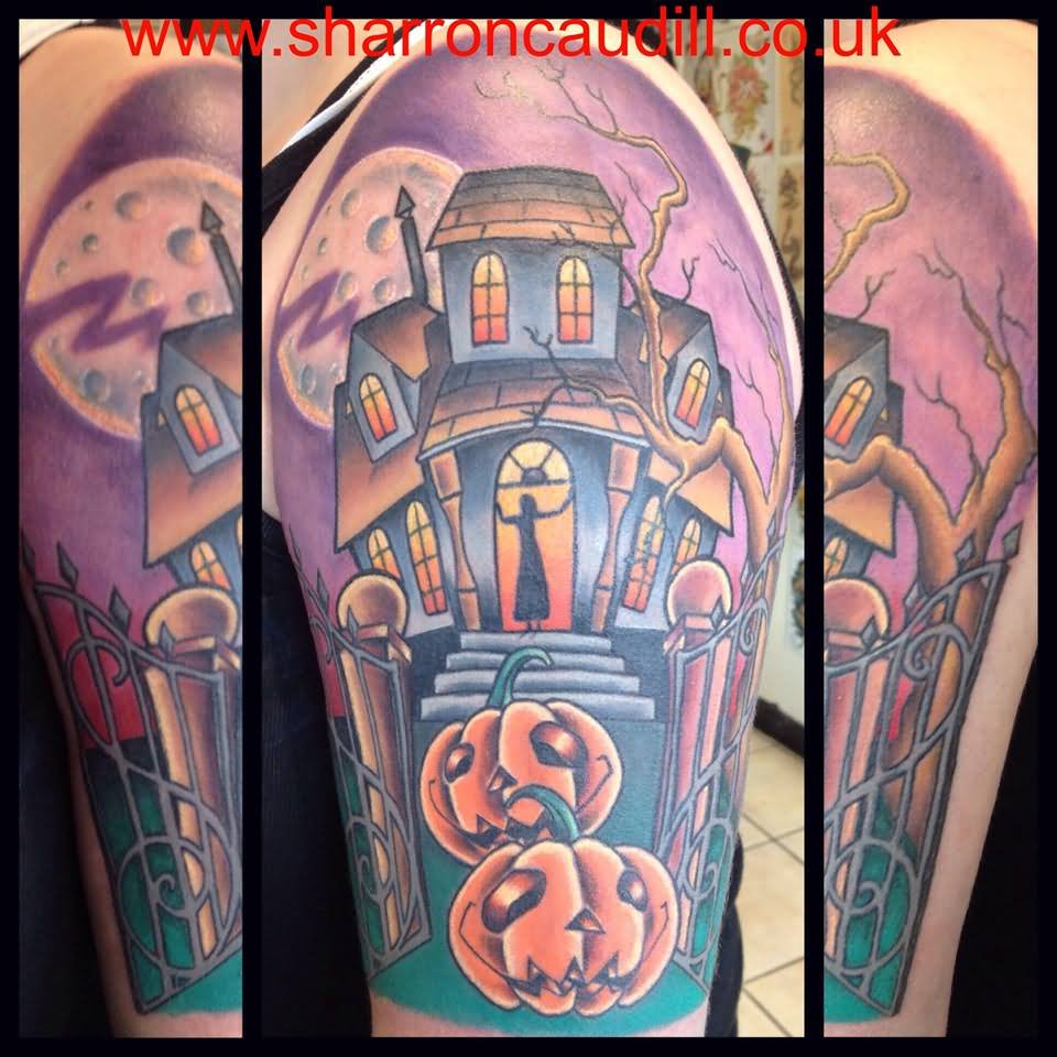 Haunted House Tattoo On Left Half Sleeve For Men