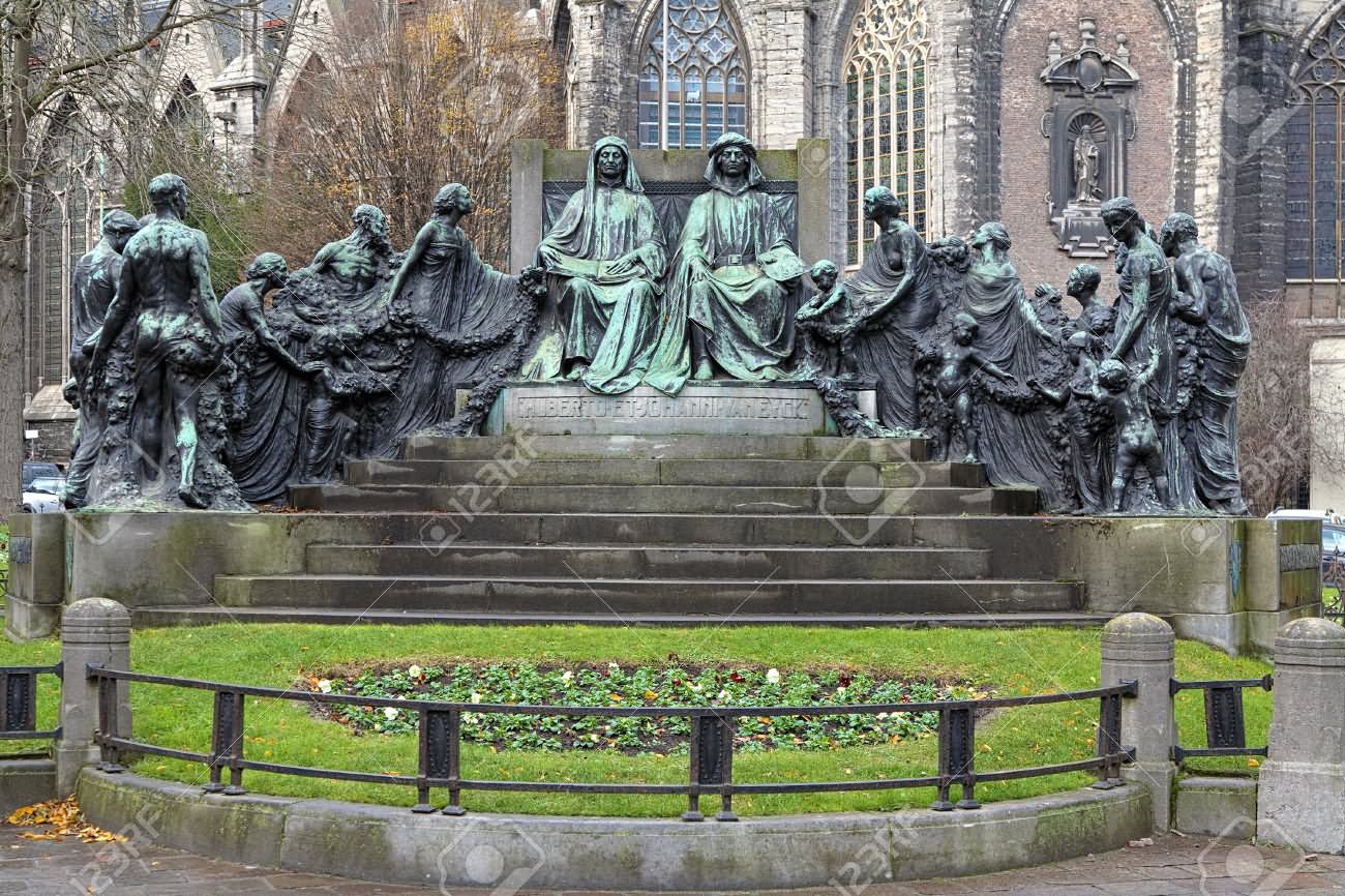 Hubert And Jan Van Eyck Monument Near The Saint Bavo Cathedral In Ghent, Belgium