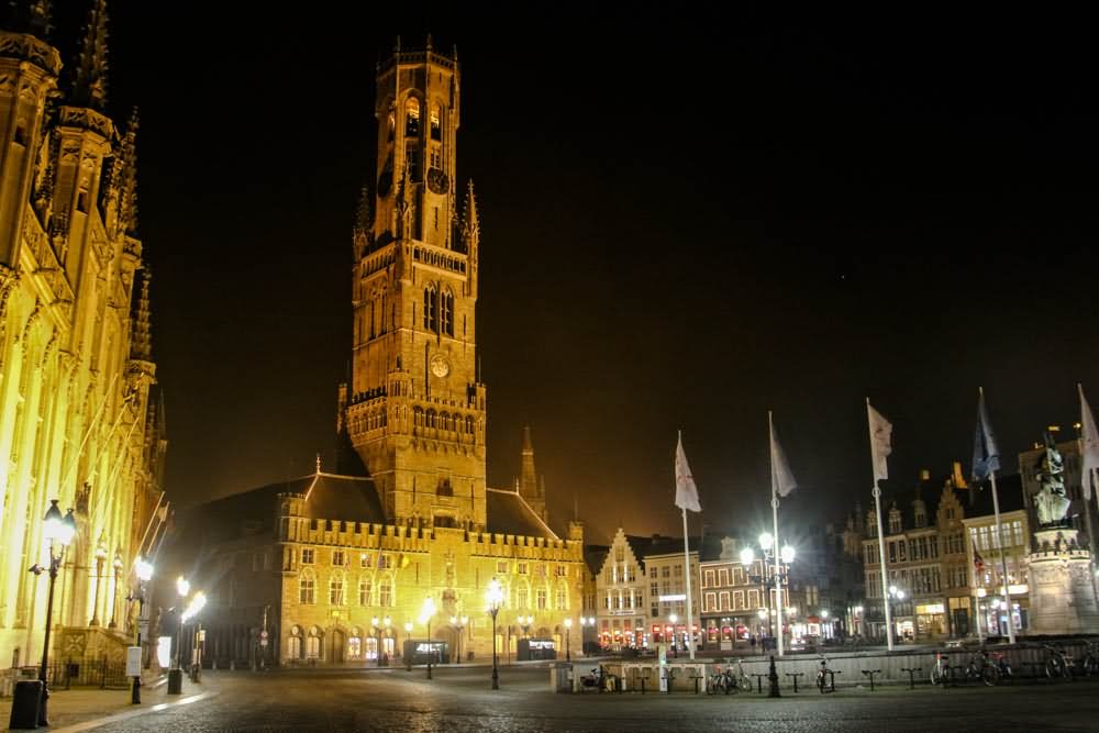 Incredible Night View Of Belfry Of Bruges From The Grote Market Square