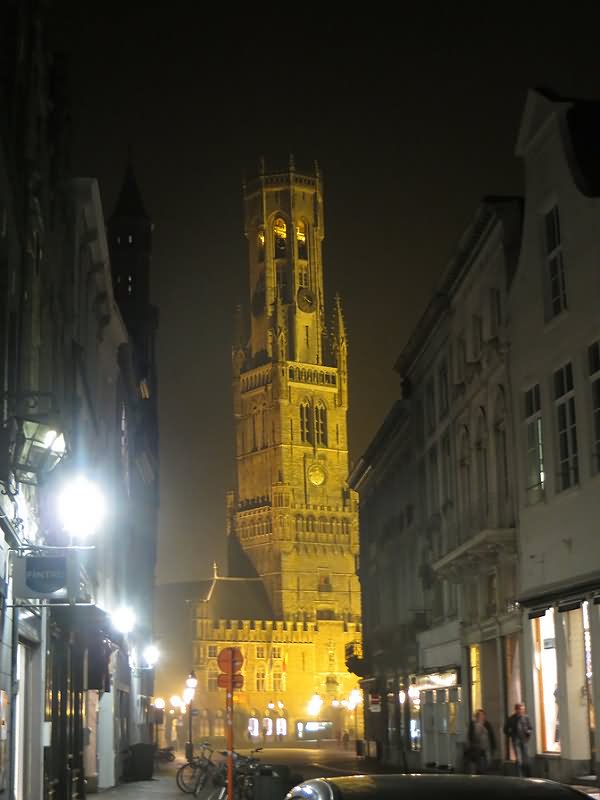 Incredible Night View Of The Belfry From A Bruges Street In Belgium