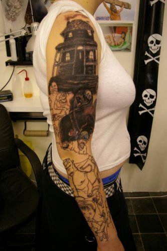 Kevin Paul Half Sleeve Haunted House Tattoo