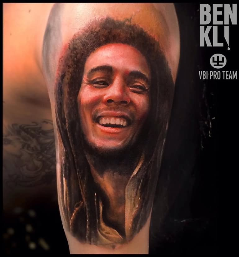 Left Half Sleeve Bob Marley Portrait Tattoo