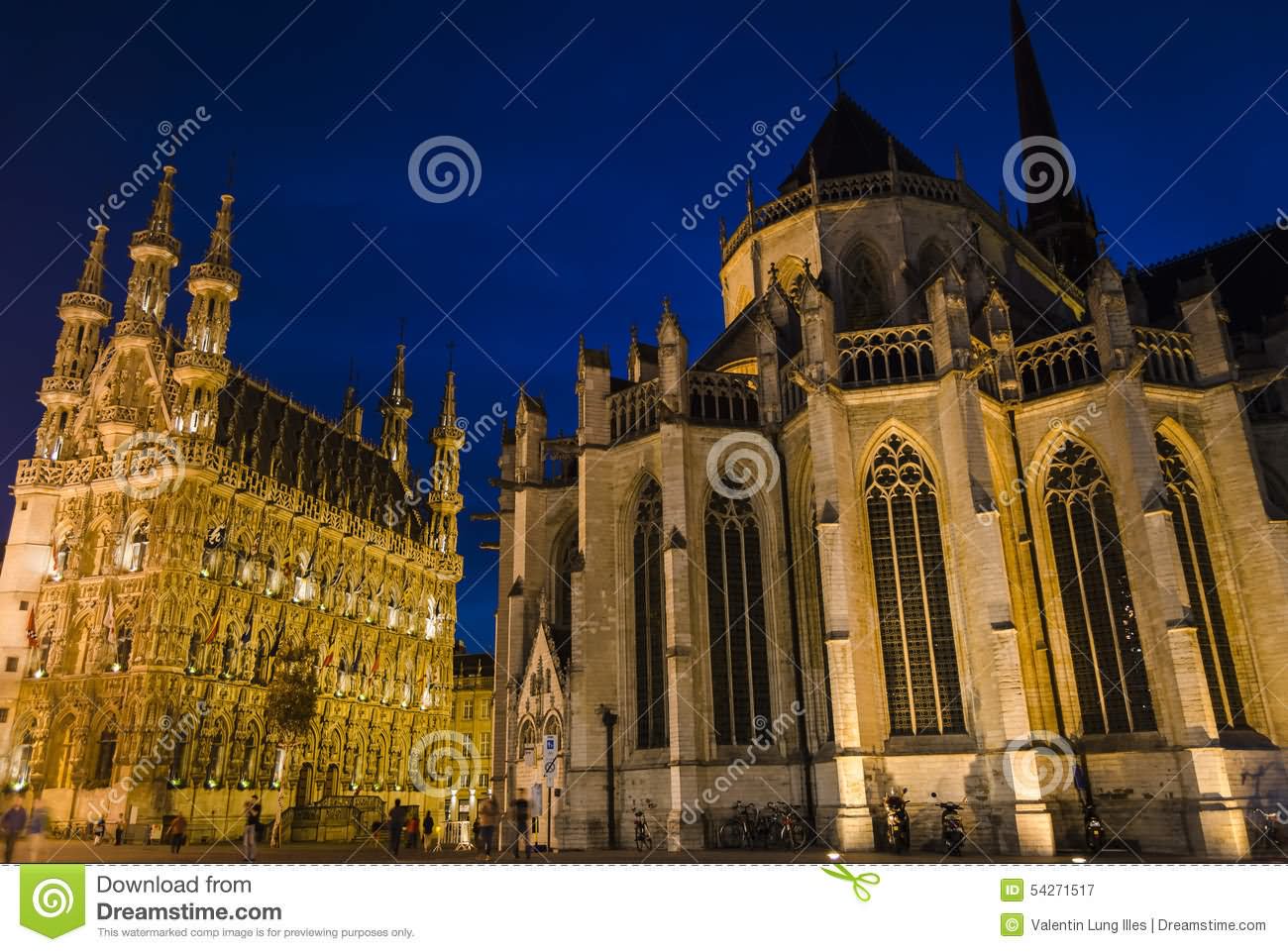 Leuven Town Hall And St. Peter's Church At Night