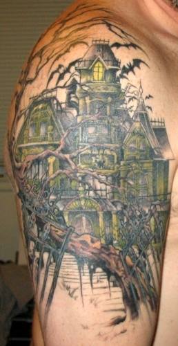 Man Right Half Sleeve Haunted House Tattoo