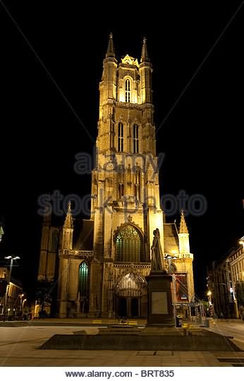 Night Scene Of The Saint Bavo Cathedral In Ghent, Belgium