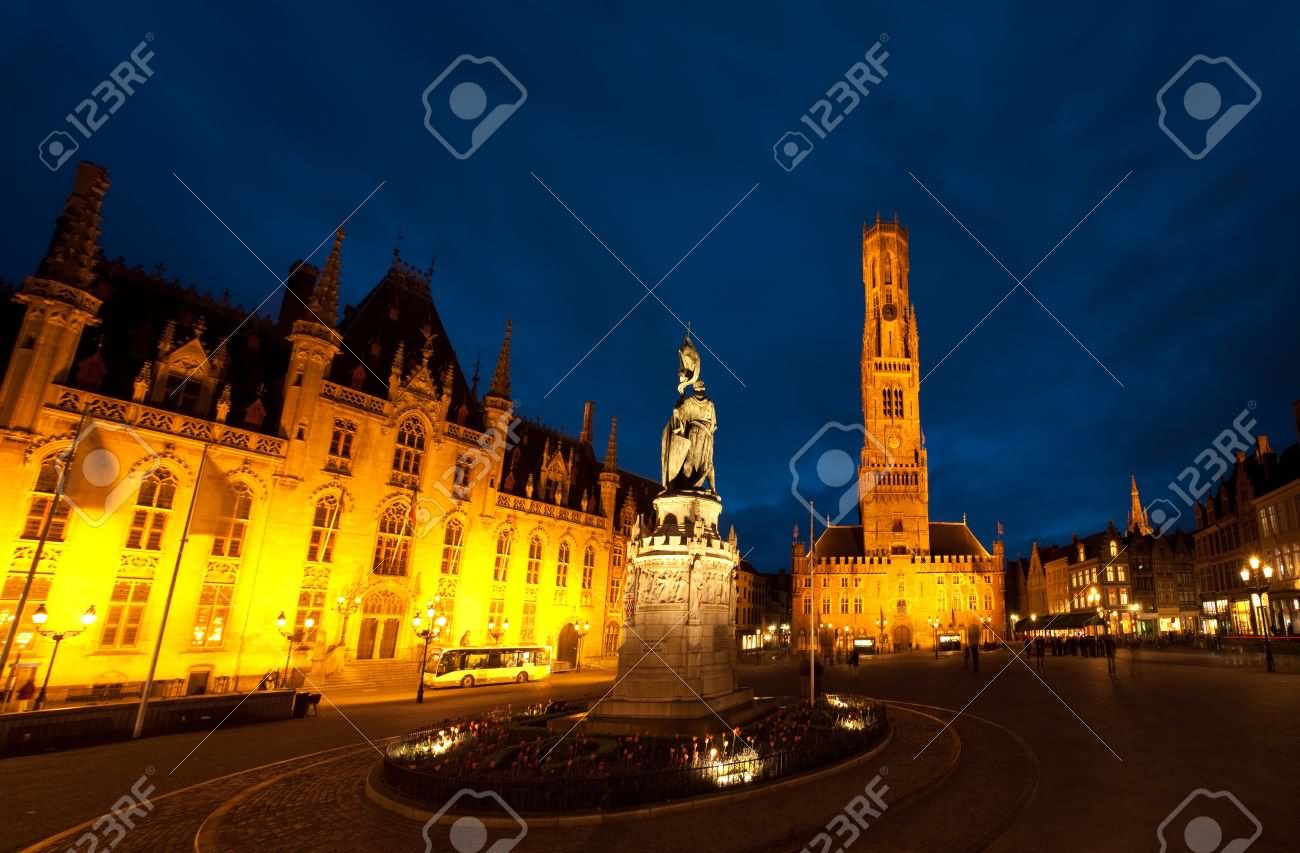 Night View Of The Belfry And Grote Market In Bruges, Belgium