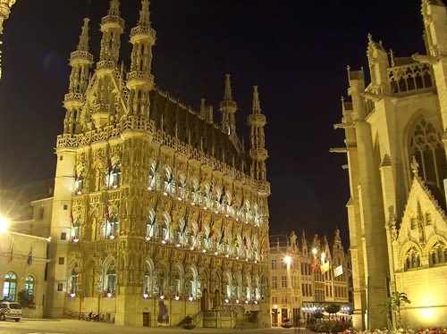 Night View Of The Leuven Town Hall In Belgium